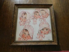 Vtg RARE DIONNE Quints QUINTUPLETS Framed Signed Art Print Babies Pink Bonnets