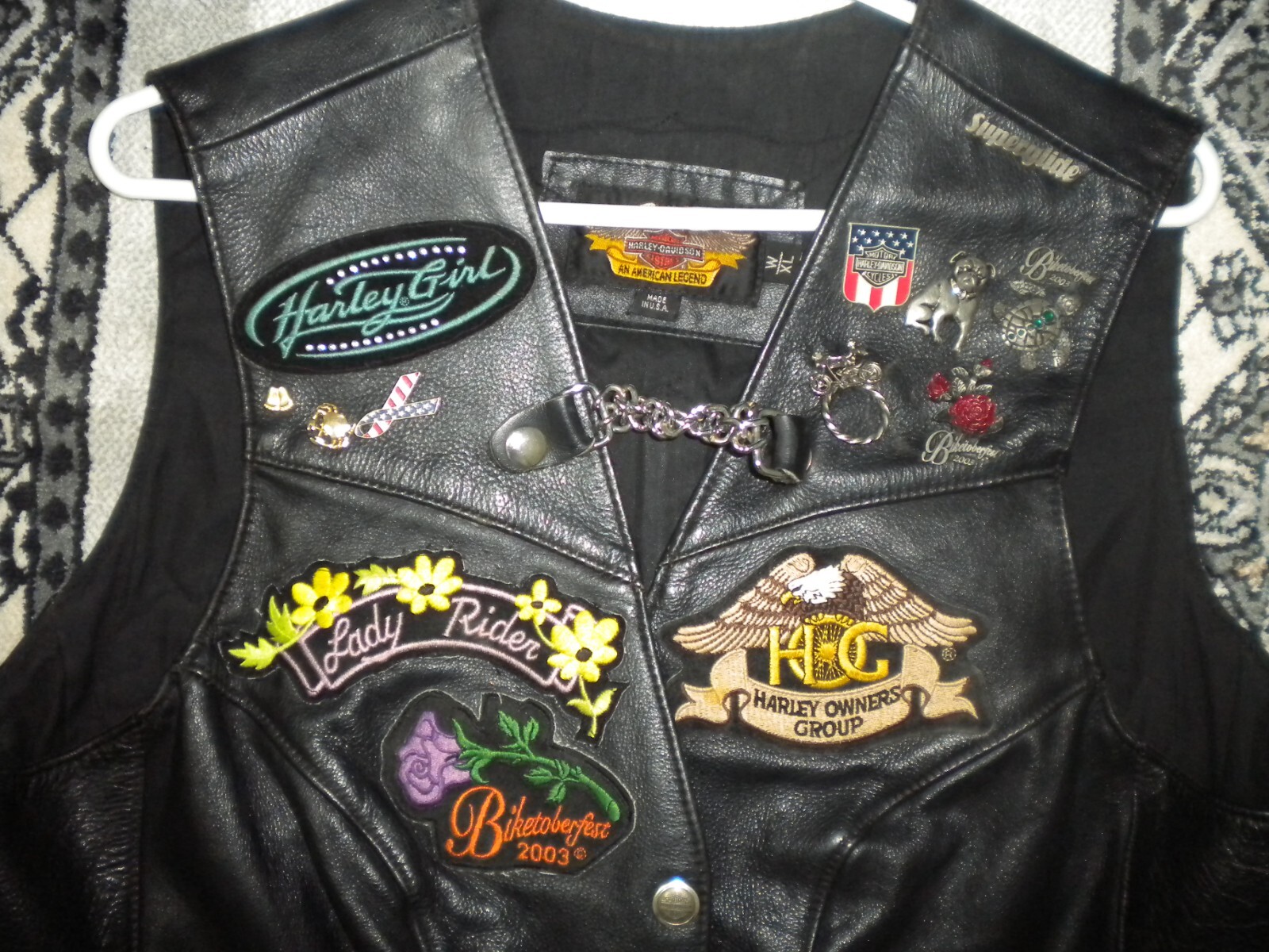 Harley Davidson Black Leather Biker Vest Pins Patches… Gem