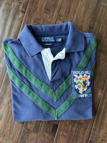Polo Ralph Lauren Men's #8 1967 Custom Fit Rugby Polo Shirt Blue • Large - Imagen 1 de 12