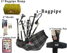 Scottish Bagpipe Sheesham wood Black H Grey Silver Mounts Free Bagpipe Carrying