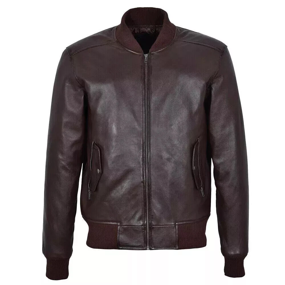 Mens Leather Jacket Real Lambskin Leather Zip Front Winter Motorcycle Jacket