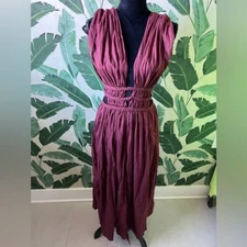 Tulum Bohemian Braided Belt Midi Dress Burgundy NWOT Size S