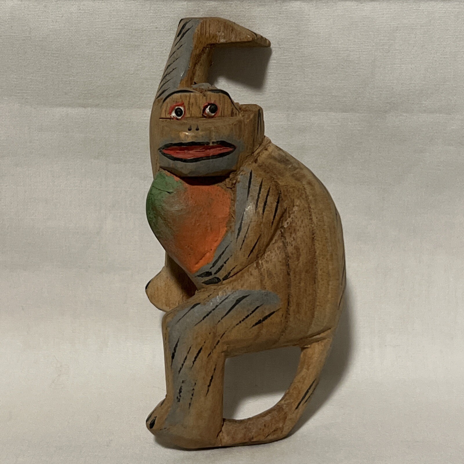 Wood Monkey Folk Art Holding Baby Fruit Hand Carved Art