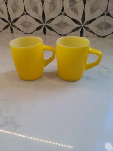 Anchor Mugs Vintage Hocking Fire King Mug YELLOW Stackable D HANDLE one pair