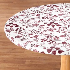Fitted Vinyl Table Cover Round 40-44" Burgundy Floral Elastic Flannel Backed