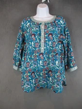Talbots Shirt Womens Small Blue Floral 100% Cotton Tunic 3/4 Sleeve Top