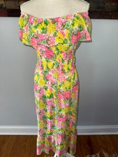Lilly Pulitzer Liza Floral Maxi Dress Smocked Off Shoulder Yellow/Multicolor S
