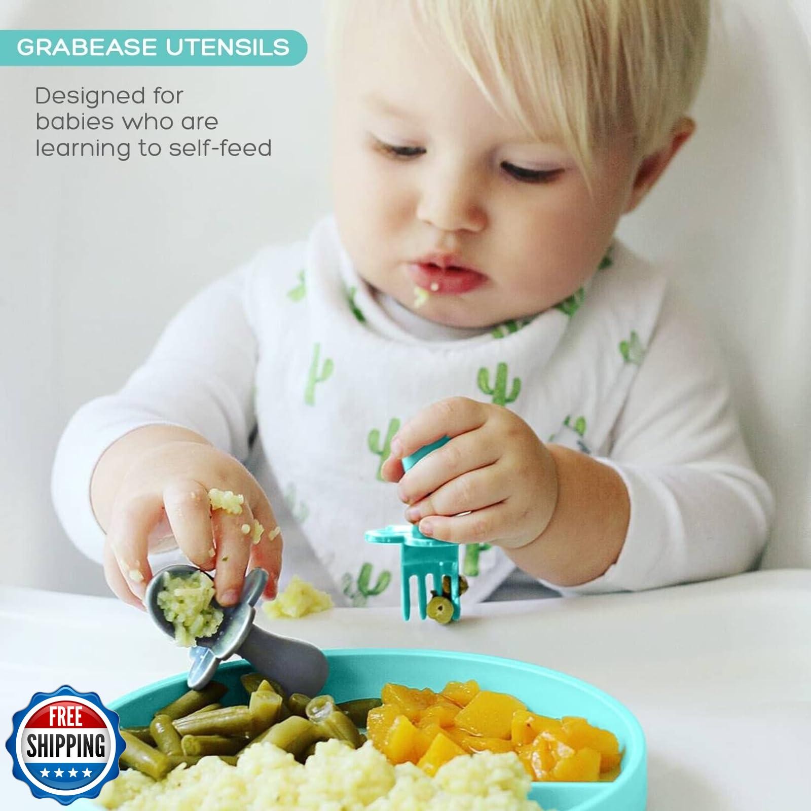 Grabease Silicone Baby Feeding Utensil Set - Self-Feeding Forks For Baby - Fo
