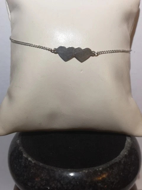 Vintage Double Heart Panel Bracelet / Anklet Sterling Silver 925