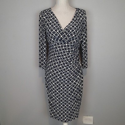Ralph Lauren 8 Faux Wrap Dress BLUE white 3/4 Sleeve Splice Bodice