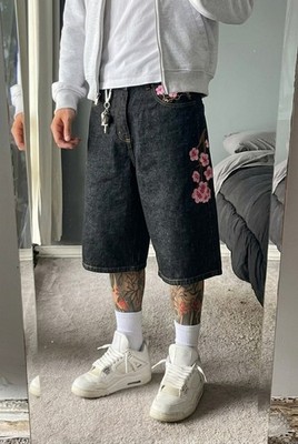 Shorts Jorts Baggy Y2K schwarz Stickerei Kirschblüten Sakura Japanisch Herren M