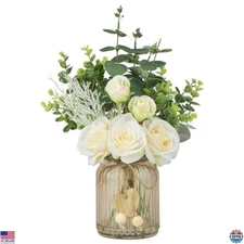 Silk Roses & Eucalyptus in Glass Vase - Elegant Artificial Flower Arrangements
