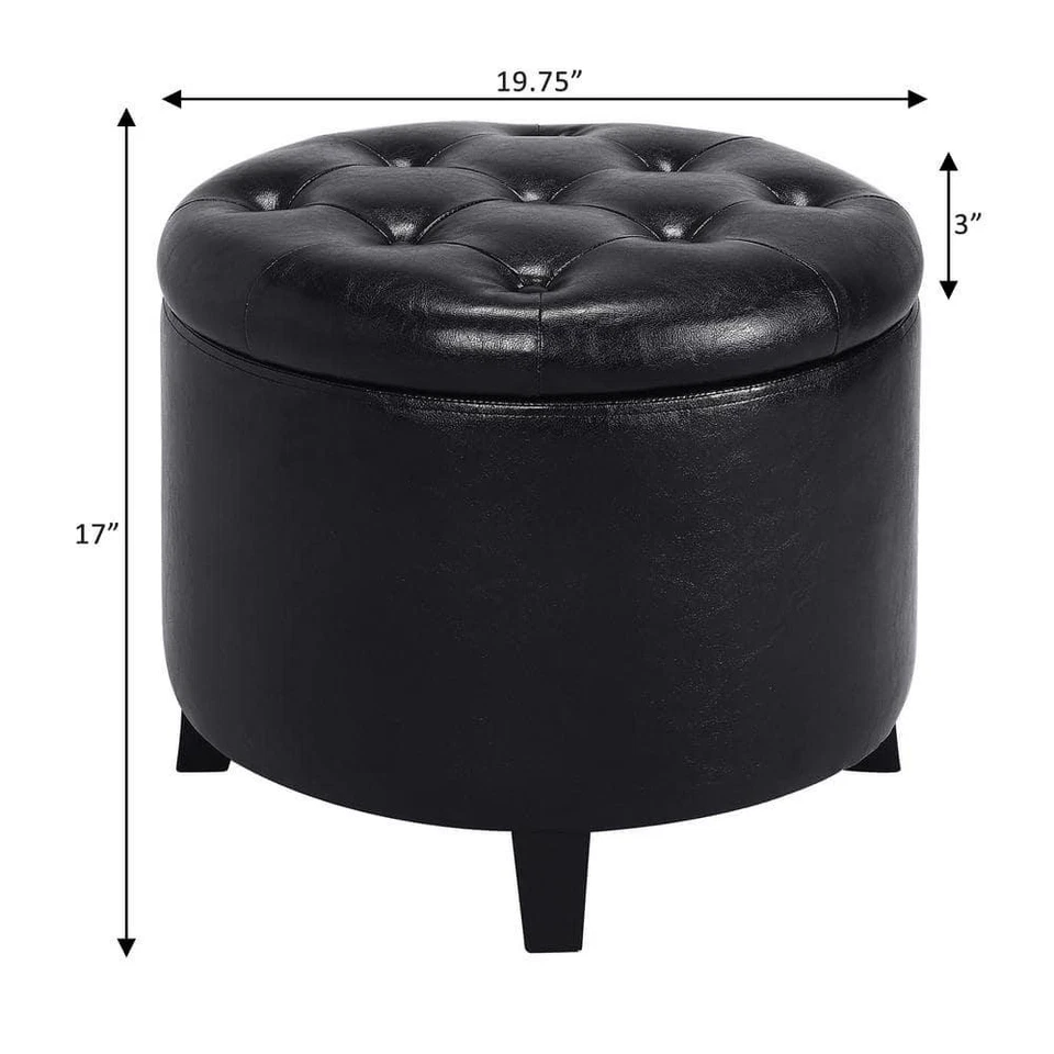 Convenience Concepts Ottoman Black Faux Leather Round Storage Stylish Functional - Image 4 of 4
