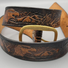 Vintage Hand-Tooled Leather Cowboy Belt Bald Eagle Mountains Brass Buckle M