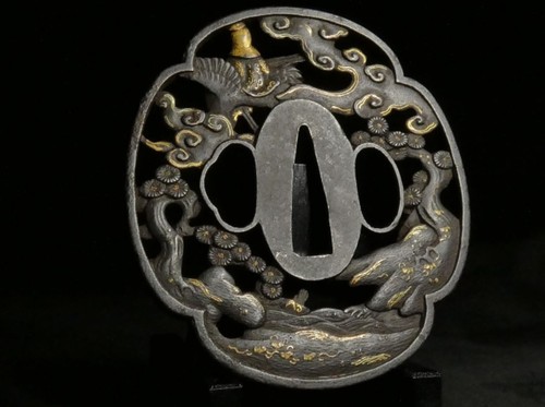 Iron Round Tsuba Set of Two Gold-Finished Rim Scenic Openwork, Edo Japan Antique - 第 8/18 張圖片