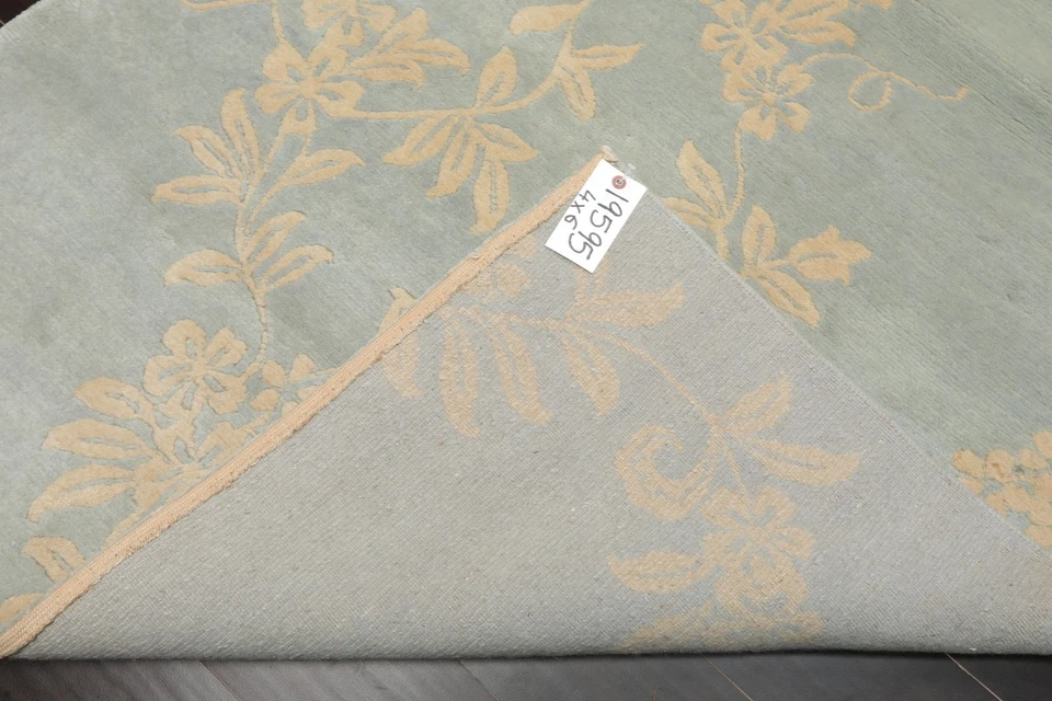 Michaelian & Kohlberg 4x6 Hand Knotted Wool Aqua Tibetan Floral Swiss Wash Rug - Image 3 of 4