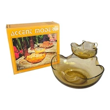 Vintage Anchor Hocking Accent Modern 3 Piece Chip & Dip Set Honey Gold Glass