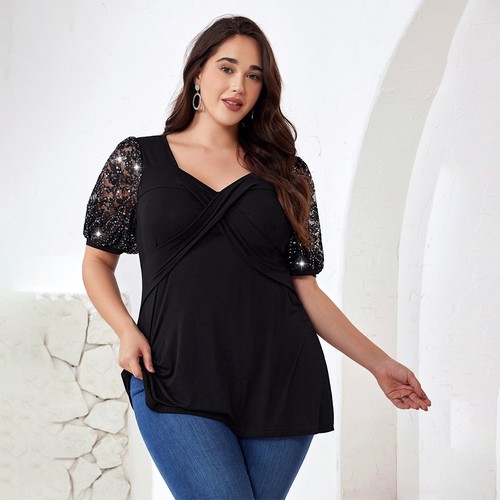 Plus Size Women Sequin Short Sleeve Tops Ladies Elegant Work Party Shirt Blouse - Picture 4 of 23