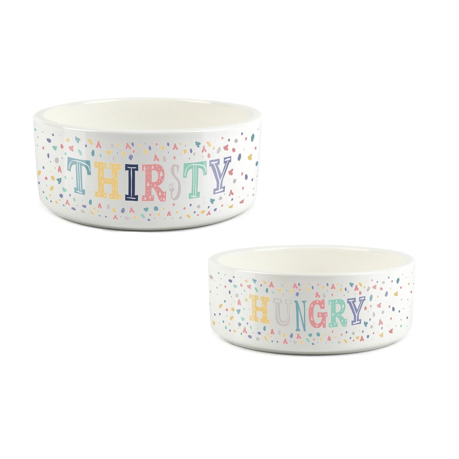 Purely Home Pet Food & Water Bowl Set - White Ceramic - 500ml & 1L Capacity - Hungry & Thirsty Design - Image 2