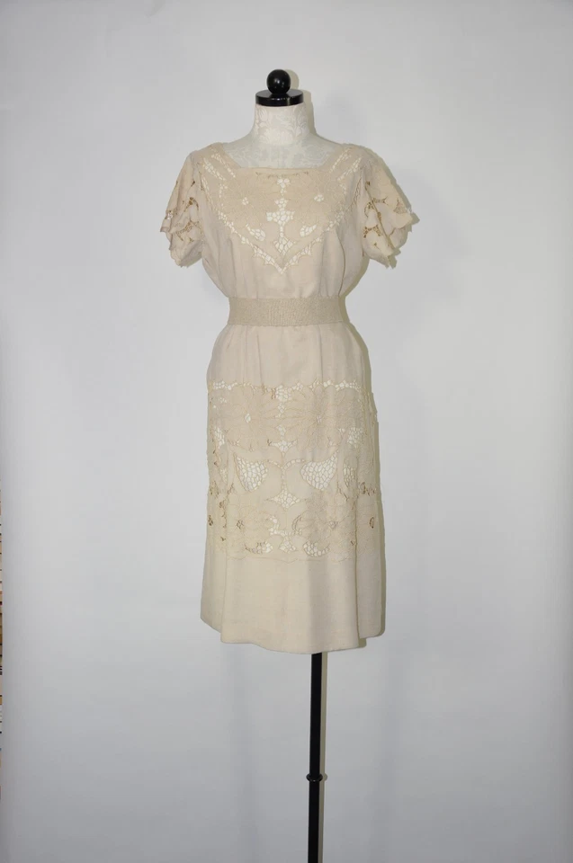 Vestido recto vintage años 60 beige lino calado bordado manga corta mujer L XL Foto 4 de 4