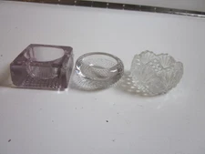 3 VINTAGE PRESSED GLASS PERSONAL SALTS ONE PURPLE GLASS