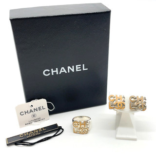 Auth Chanel Coco Mark Logo Beige x Silver Ring/Earrings Set of 2 W/Box SK120512