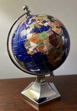 Desk Table Inlaid Gemstone Globe Silver Stand Approx 7” Detailed