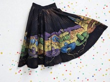 Vintage 1950s Hand-Painted Circle Skirt Mexico 3D Skirts Black Gold 20" Waist