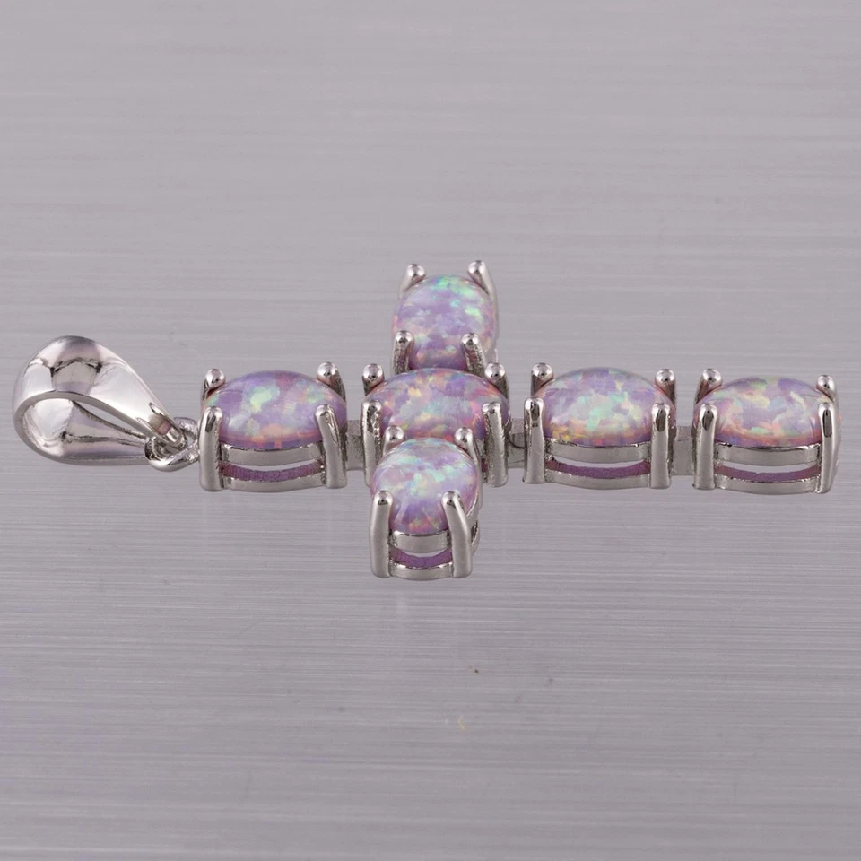 Latin Cross Lavender Purple Fire Opal Cabochon Silver Jewelry Necklace Pendant - Image 4 of 4