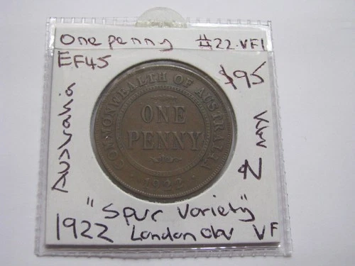 1922 Penny Coin KGV SPUR N Variety London OBV REV die error Australia #22.VF1