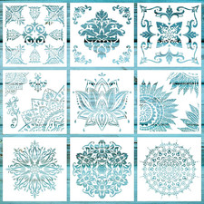 9 Pack 12X12 Inch Large Stencil Reusable Mandala Stencil Laser Cut Painting