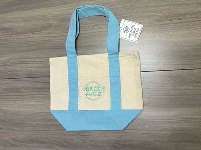 Trader Joe's Mini Canvas Tote Bag Beige Blue Foldable Reusable Shopping
