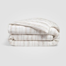 Calm White Beige Stripe Full/Queen Duvet Cover, Cotton-Linen Blend Bedding, O...