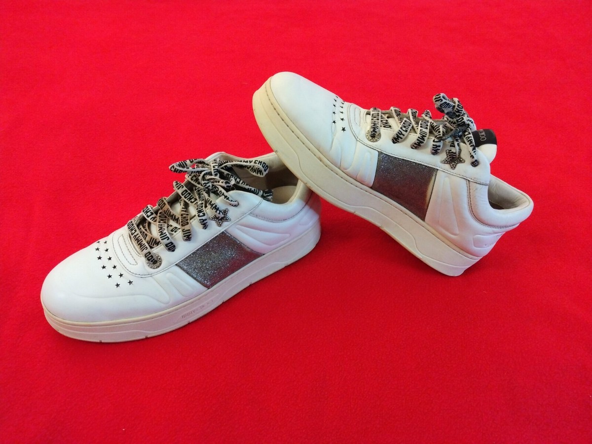 Jimmy Choo HAWAII-F Sneaker Shoe Leather Glitter Lame Star Size 40