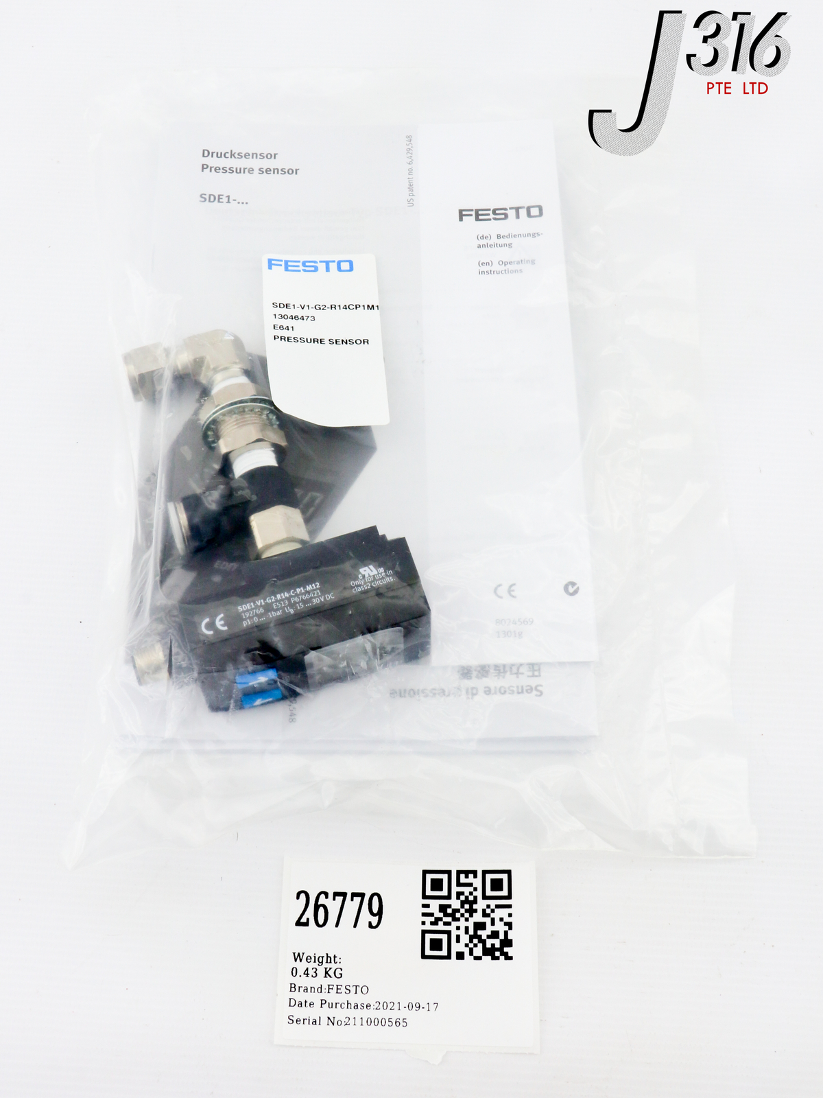 26779 FESTO PRESSURE SENSOR, P/N: 192766 (NEW) SDE1-V1-G2-R14-C-P1-M12
