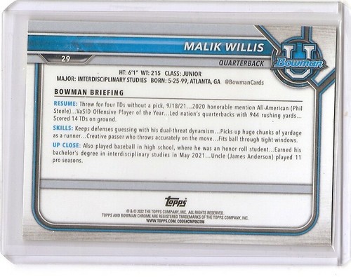 2022 Bowman University Malik Willis Chrome Yellow Refractor Insert Card 07/75 - Bild 2 von 2