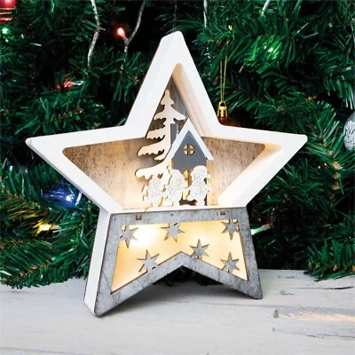 XMAS HAUS Wooden Lightup Christmas Star Battery Powered Wooden Decoration Ornament Festive