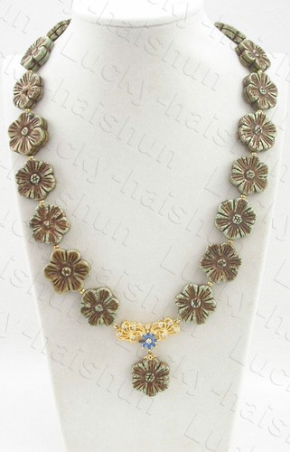 natural 19" 21mm carved sunflower green turquoise necklace c1839
