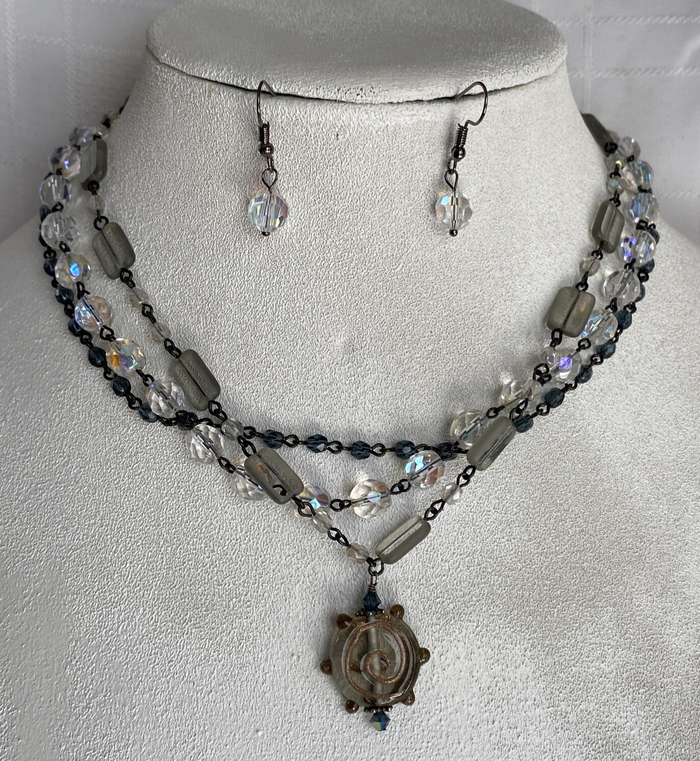 Brenda Perruzza Necklace Triple Stand Glass Signed 925 Clasp