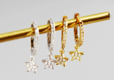 925 Sterling Silver Pave Star Hoop Earrings 18K Gold Plated Dainty Huggie