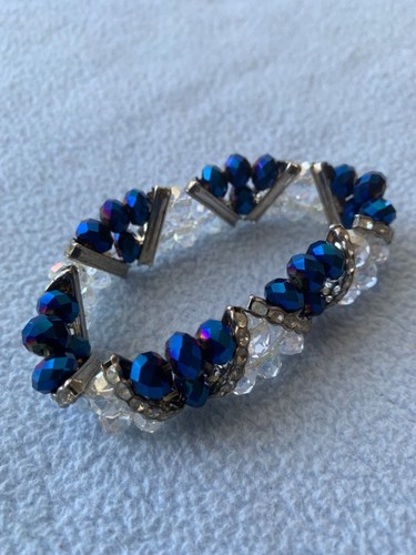Dark Blue & Clear Faceted Resin Crystal Beaded Stretch Bracelet Austrian Czech