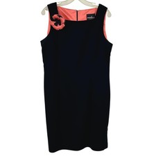 Positive Attitude Womens Sheath Dress 14P Black Coral Floral Brooch Classic Mod