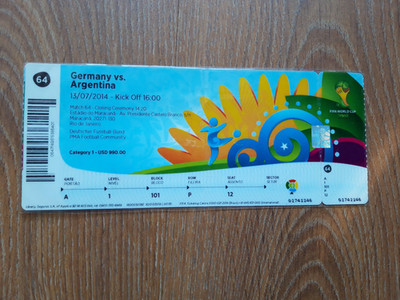 Final Ticket  Match 64 World Cup 2014 Germany vs. Argentina