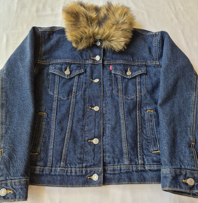 Levi's Blue Denim Jacket Faux Fur Collar Button Lined Men's M Casual