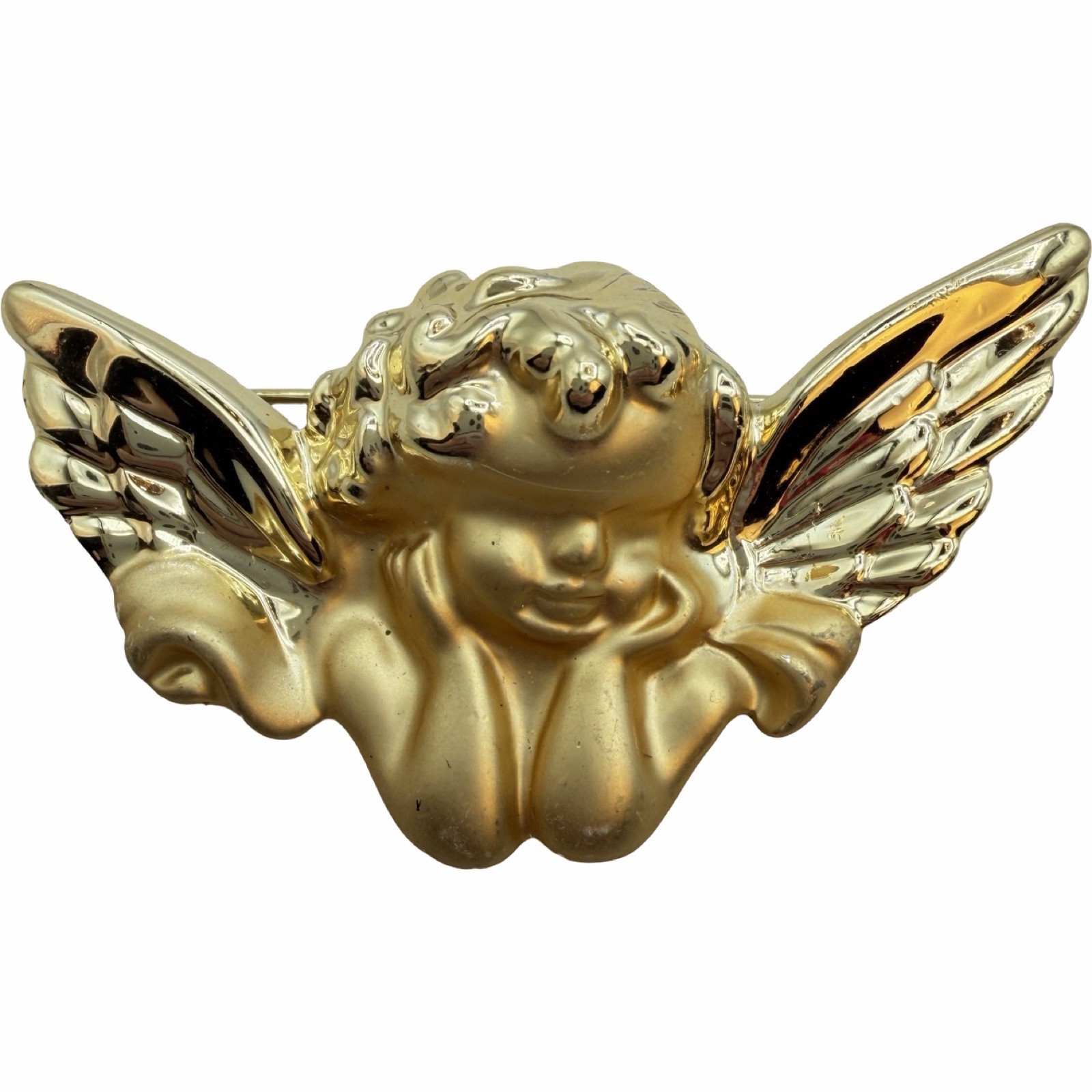 Vintage Gold Tone Cherub Angel Wings Brooch Matte Shiny Finish Large Figural Pin