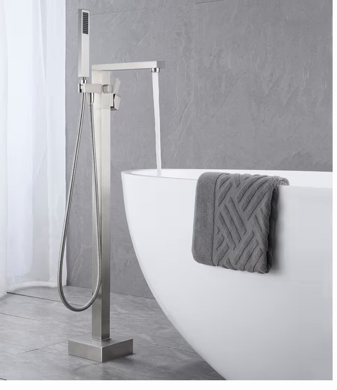 Freestanding Floor-Mount Tub Filler Faucet, Brushed Nickel, Hand Shower Hose
