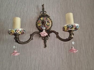 ヴィンテージ スペイン カポディモンテ ダブル ウォールライトピンクのバラ 照明 Bronze & Spanish Double Wall Sconce Light. Porcelain Rose