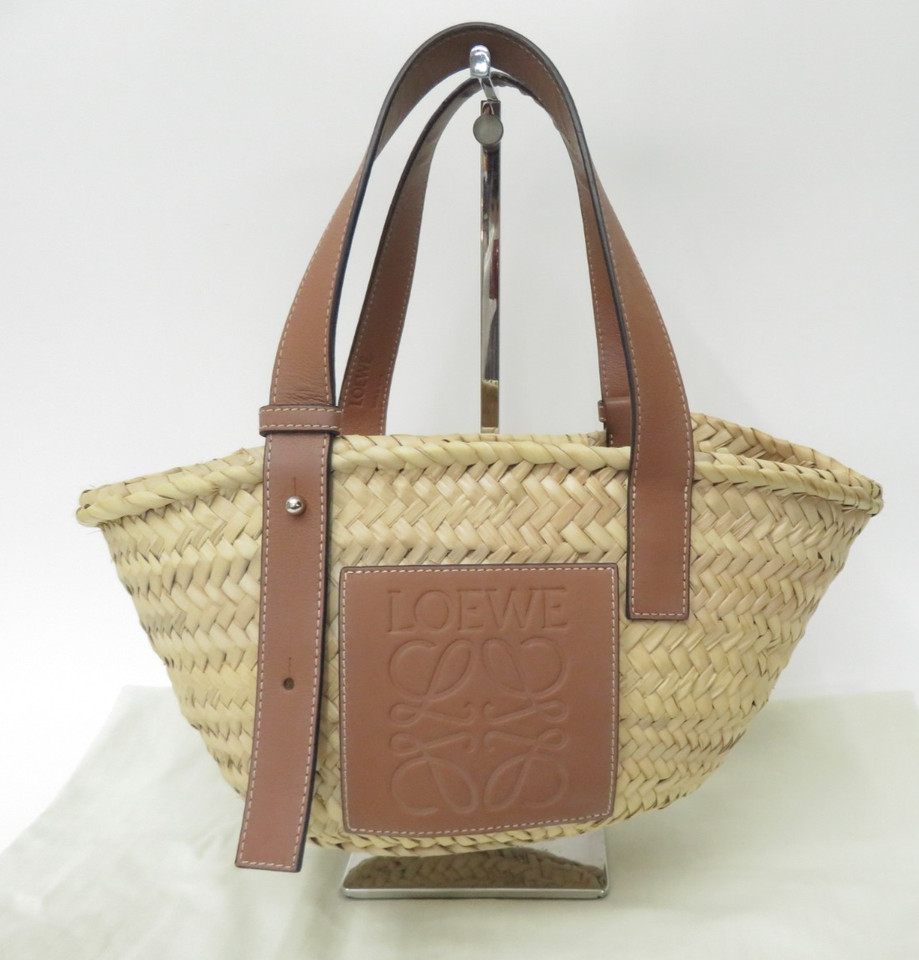 Authentic LOEWE Palm Leaf Raffia Calfskin Basket Bag Hand Bag S#52296