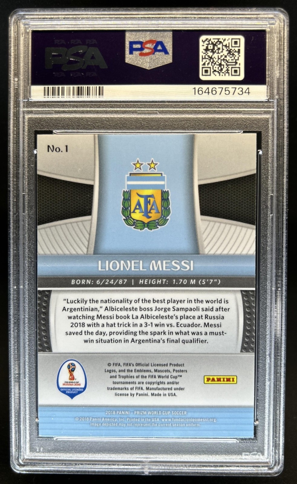 2018 Panini Prizm World Cup Lionel Messi #1 Argentina PSA 8 view 2