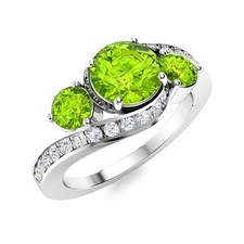 Three Stone Ring Green Peridot 5MM Round 925 Sterling Silver Women Wedding Ring